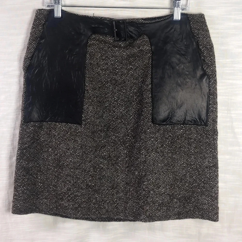 Worth Tweed Mini Skirt Leather Accents Wool A-Line Career Academia Office Winter